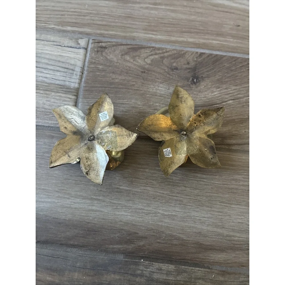 2 Vintage Pair Brass Coated Lotus Flower Candle Stick Holders